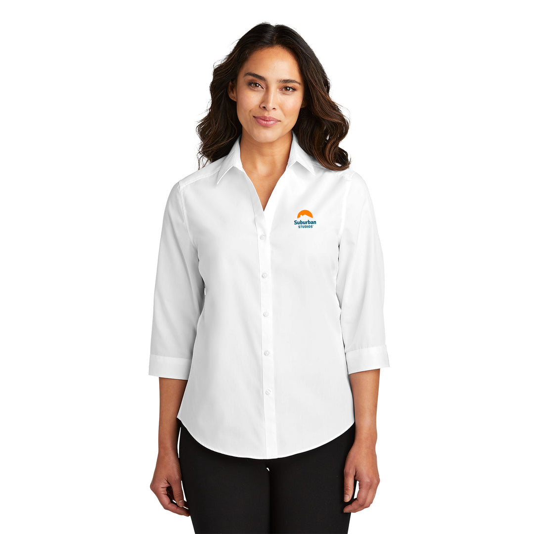 Camisa de popelín Carefree de manga ¾ para mujer - Suburban Studios