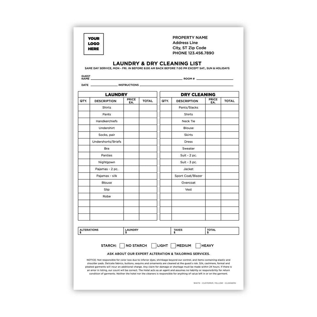 Laundry Tickets - Sable Hotel Supply