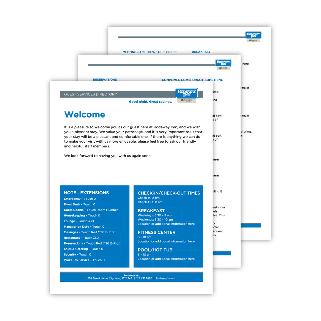 Rodeway Guest Room Directory Printed Pages - Sable Hotel Supply